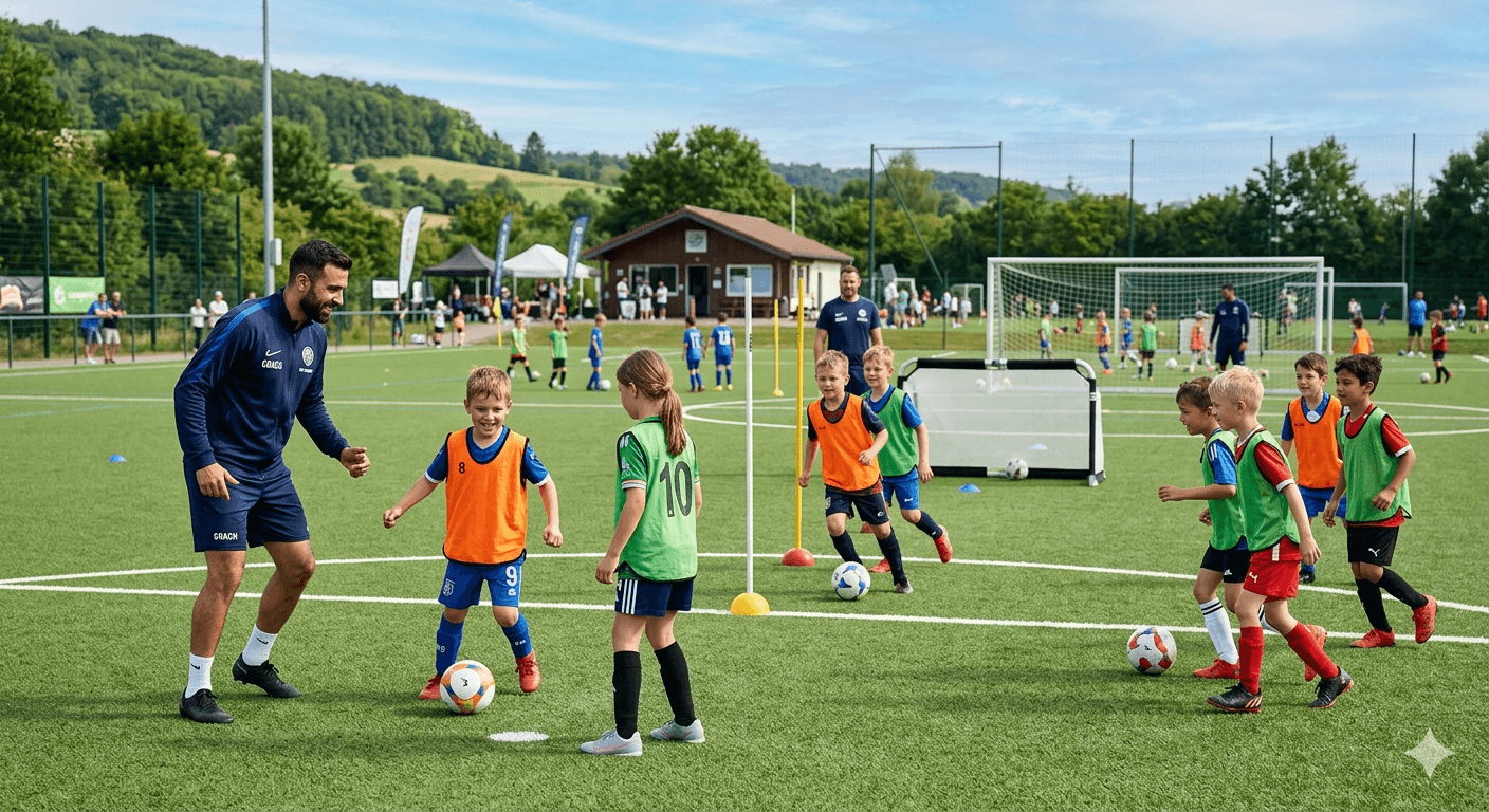 Kinder und Trainer beim Fußballcamp auf dem Platz